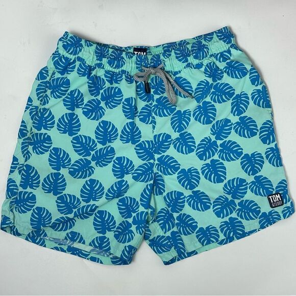 TOM&TEDDY Men’s Leaf Print turquoise and navy swim trunks sz S 5in seam - Picture 1 of 7